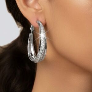 Rhinestone Decor Silvertone 1.5”  Hoop Earrings, New